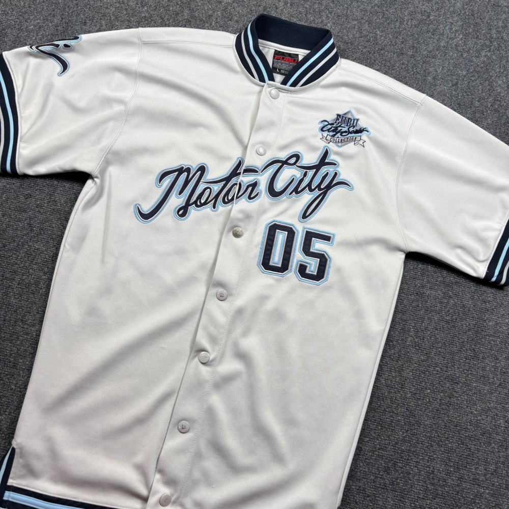FUBU Baseball Jersey Mens L Gray Vintage Y2K Motor City 05 Embroidered Korea